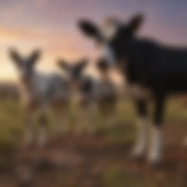 A group of working cow dogs on a ranch during sunset