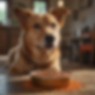 A healthy dog enjoying a bowl of Abound dog food in a vibrant setting