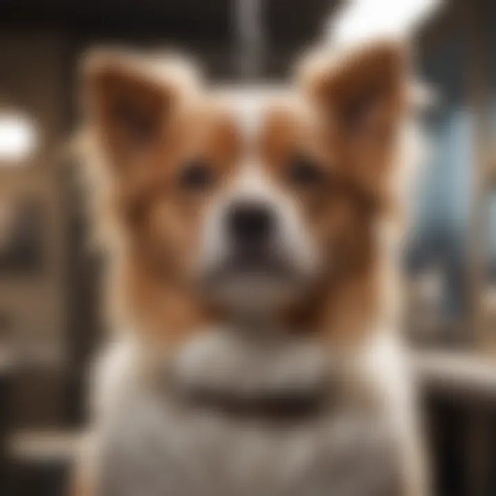 Dog groomer utilizing hangers in a professional setting