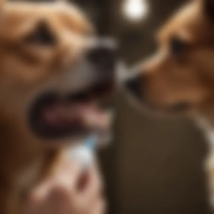 A dog owner applying no brush toothpaste to a dog's teeth
