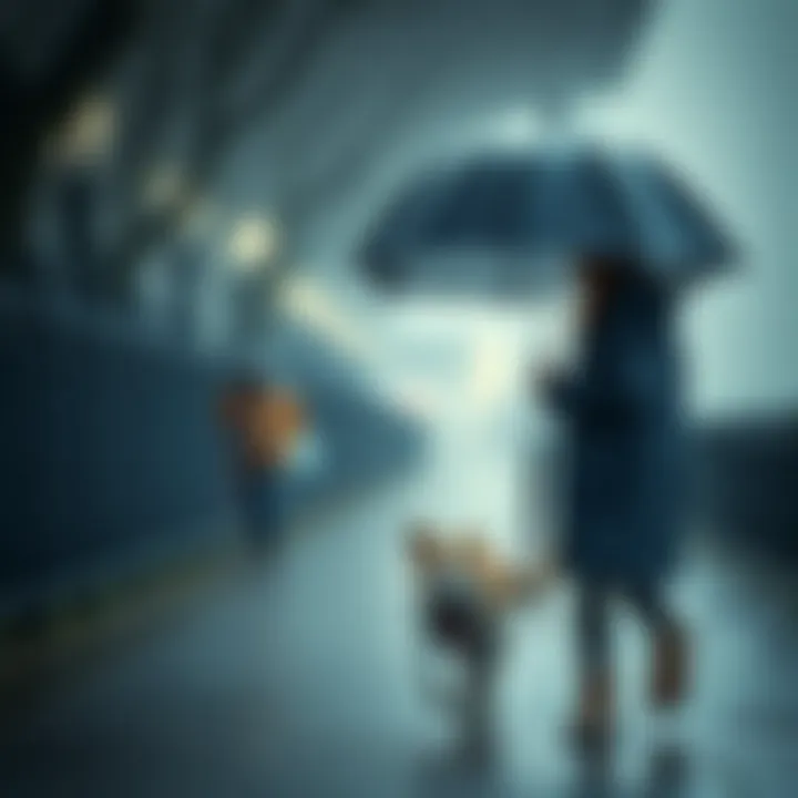 Dog Owner Walking with Umbrella A dog owner walking with a dog under an umbrella, demonstrating practical use