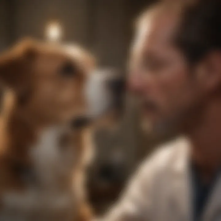 A worried dog owner consulting with a veterinarian.