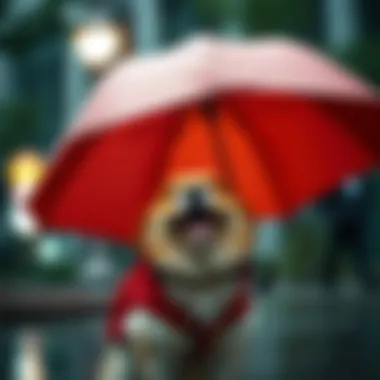 Stylish Dog Umbrella in Use A dog happily sheltered under a stylish umbrella during a rain shower