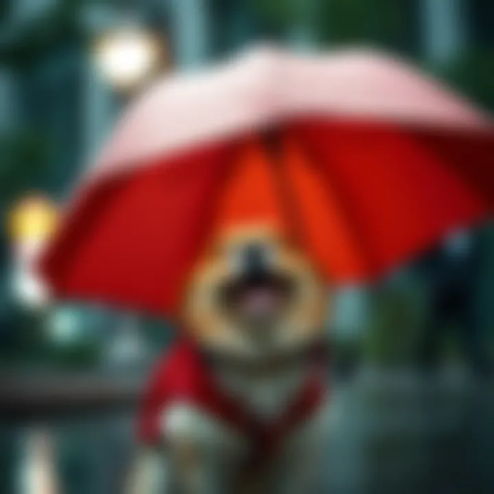 Stylish Dog Umbrella in Use A dog happily sheltered under a stylish umbrella during a rain shower