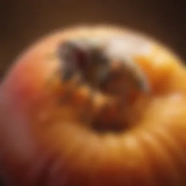 Close-up view of a fruit fly on a ripe peach