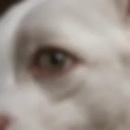 A close-up of a white dog with tear stains under its eyes.