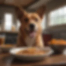 A dog eagerly looking at a bowl of food with excitement