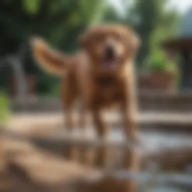 A dog playing near a water fountain