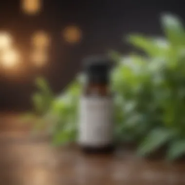 A bottle of peppermint essential oil surrounded by fresh peppermint leaves.