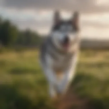 A Siberian Husky running energetically in an open field