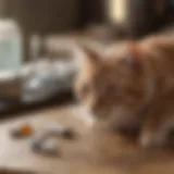 A variety of cat flea medications arranged on a table.
