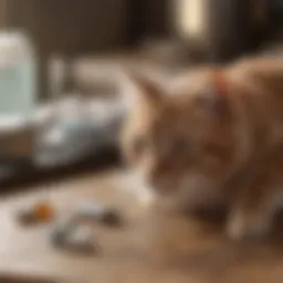 A variety of cat flea medications arranged on a table.