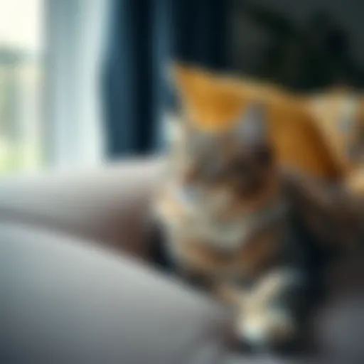A serene indoor cat lounging on a cozy couch, symbolizing pet comfort.