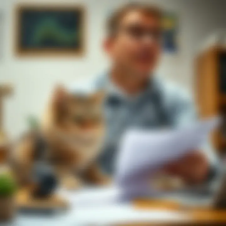 A thoughtful pet owner reviewing veterinary bills and insurance documents at a desk.