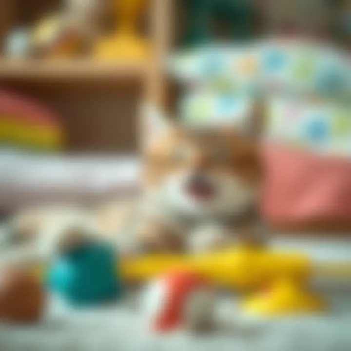 A healthy indoor cat playing with engaging toys, representing well-being and health.