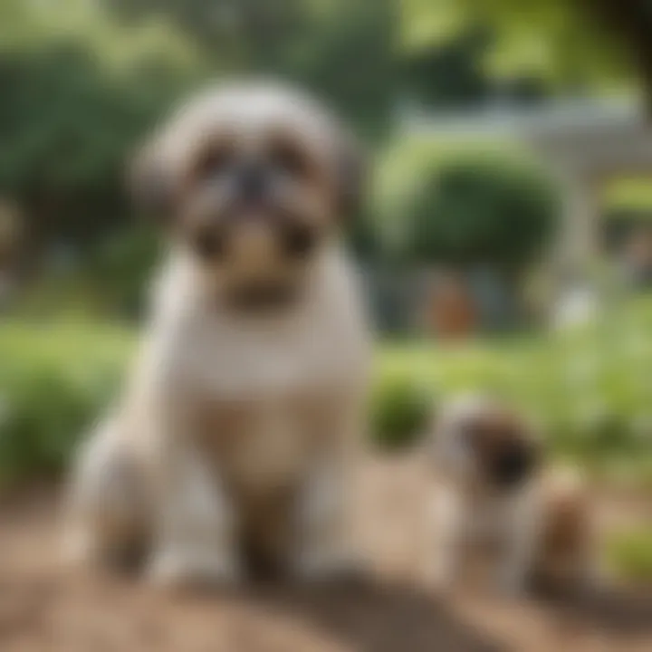 A Shih Tzu playfully interacting with a child in a garden