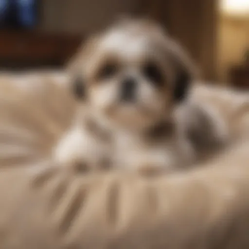 A Shih Tzu lounging comfortably on a plush dog bed
