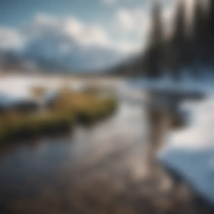 A tranquil scene of a melting river in Yellowstone with snow-capped mountains in the background