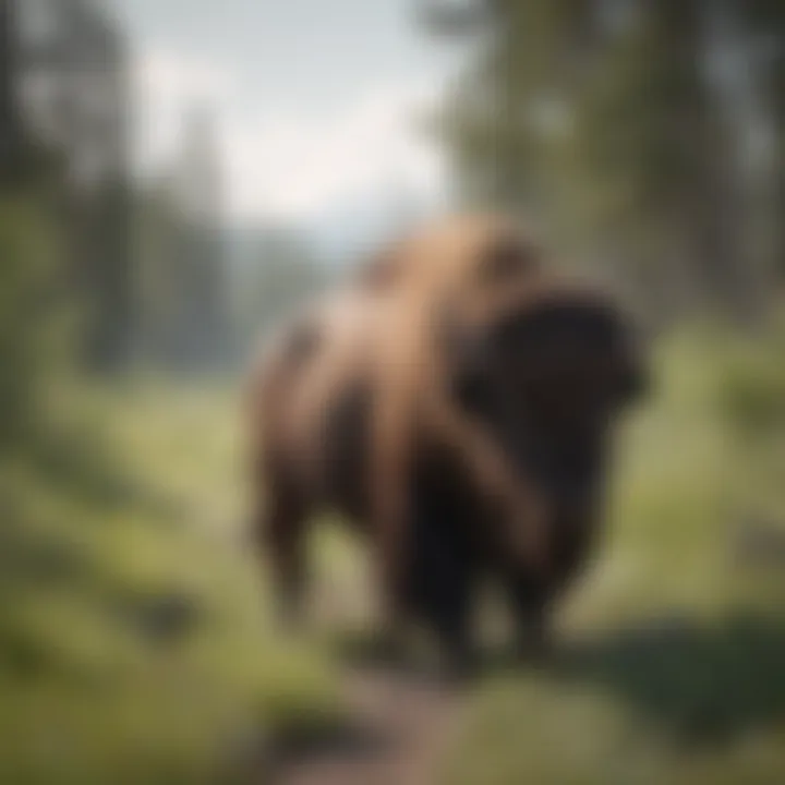 Wildlife activity in Yellowstone featuring a bison roaming freely in lush greenery