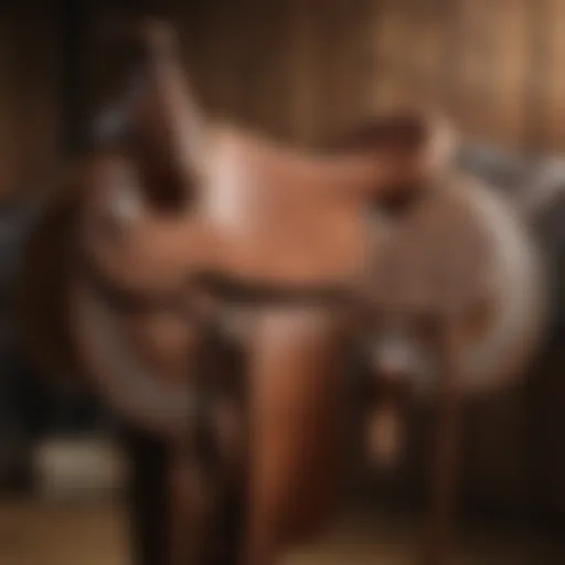 A variety of horse saddles displayed on a wooden background, showcasing different styles and materials.