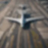 Aerial view of a bustling international airport with multiple runways and planes.