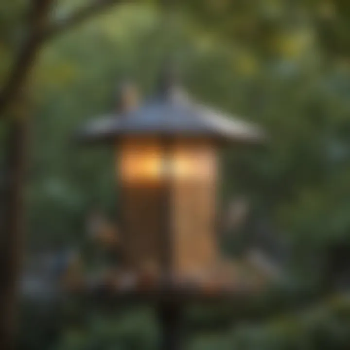 A diverse selection of bird species feeding at a bird feeder in a backyard.