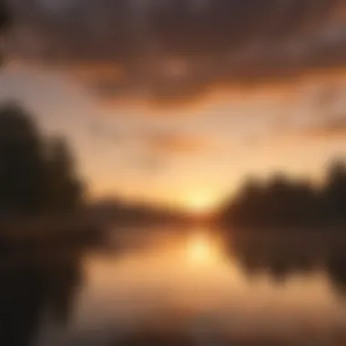 A flock of migratory geese flying over a serene lake at sunset.