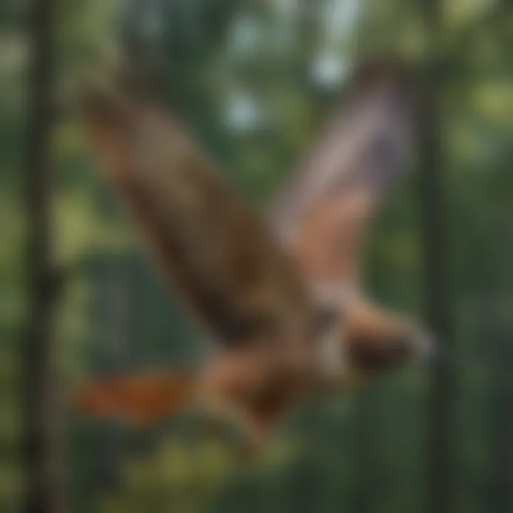 A close-up of a Red-tailed Hawk soaring high above a forest.