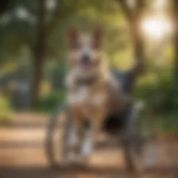 A happy dog using a rear wheelchair enjoying a sunny park
