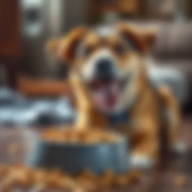 A Playful Canine Enjoying Nutritious Kibble Healthy dog playing with a bowl of kibble