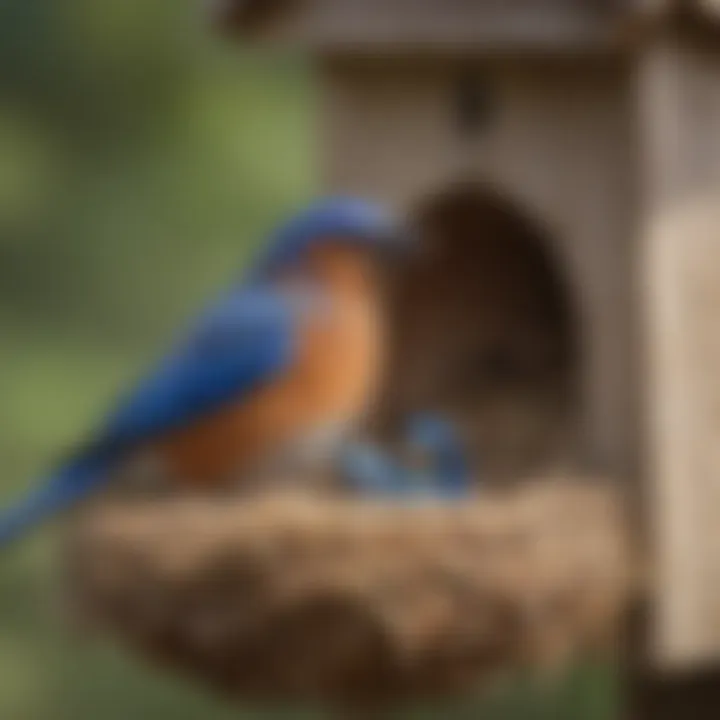 A bluebird feeding its chicks in a nest box