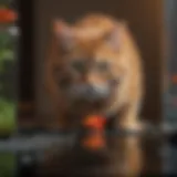 Cat observing a colorful fish tank toy