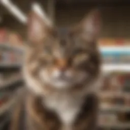 Variety of deworming products for cats on a store shelf