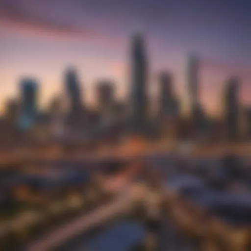A panoramic view of the Charlotte skyline at dusk, showcasing the city's modern architecture and vibrant atmosphere.