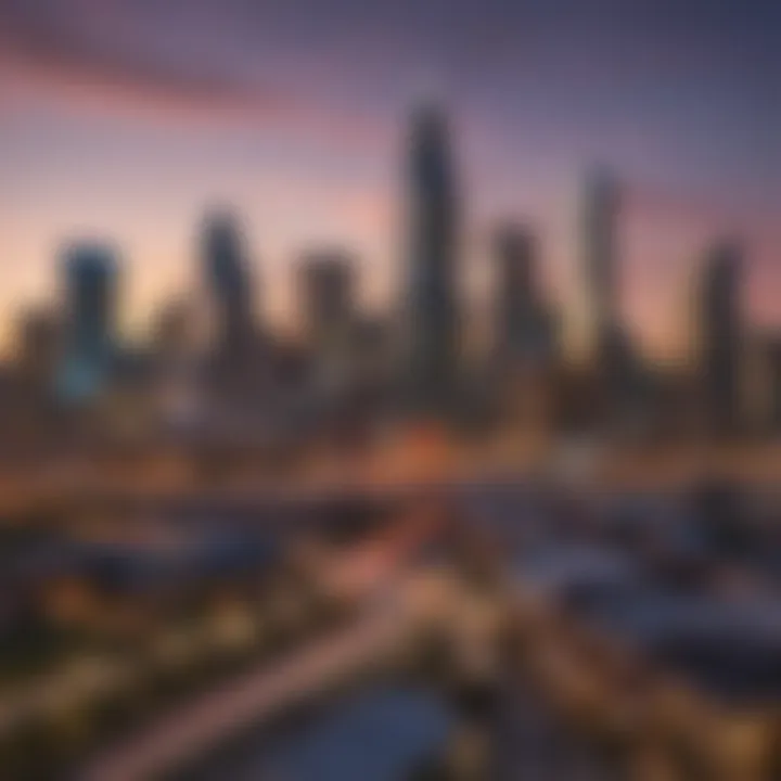 A panoramic view of the Charlotte skyline at dusk, showcasing the city's modern architecture and vibrant atmosphere.