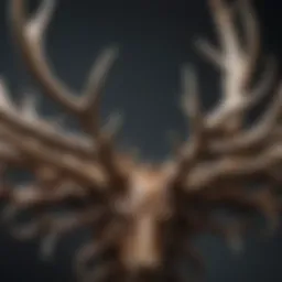 Close-up view of deer antlers showcasing their intricate structure and texture.