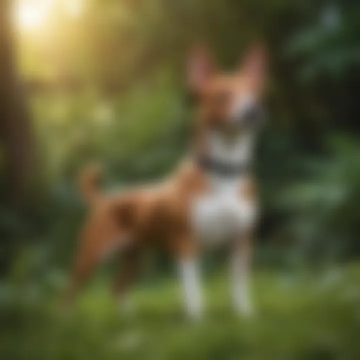 A compact Basenji happily playing in a lush garden.