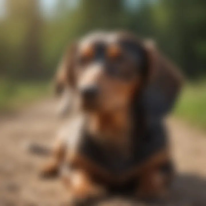 A sleek and shiny Dachshund enjoying a sunny day outdoors.