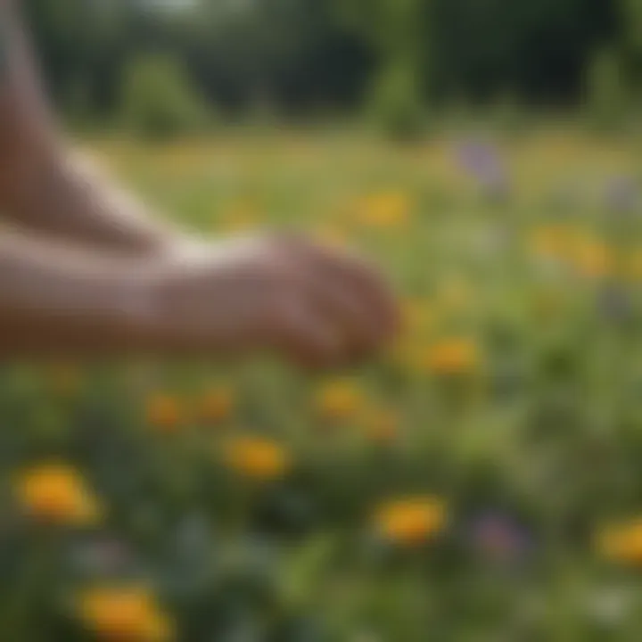 Close-up view of a forager identifying edible flowers in a meadow.