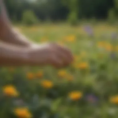Identifying Edible Flowers Close-up view of a forager identifying edible flowers in a meadow.