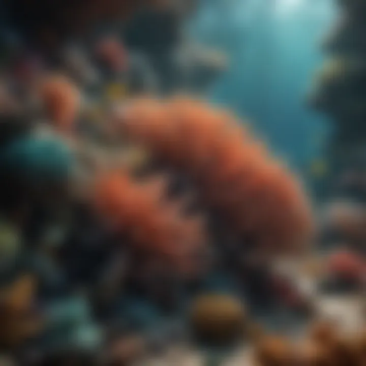A vibrant depiction of a prehistoric coral reef teeming with diverse marine life.
