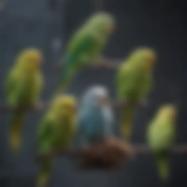 Parakeets enjoying their space in a hanging cage