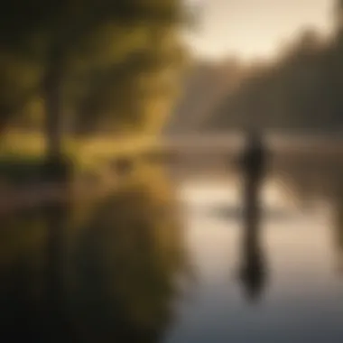 Angler casting a line at Cedar Creek Lake during sunset.