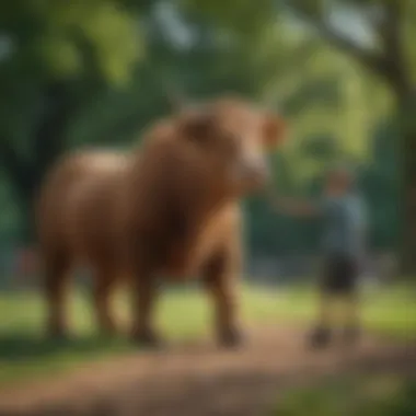Children playing with a giant cow teddy bear in a park