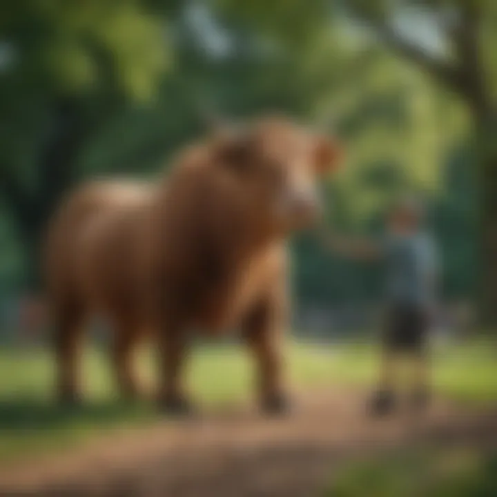 Children playing with a giant cow teddy bear in a park