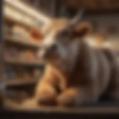 Display of collectible giant cow teddy bears on a shelf