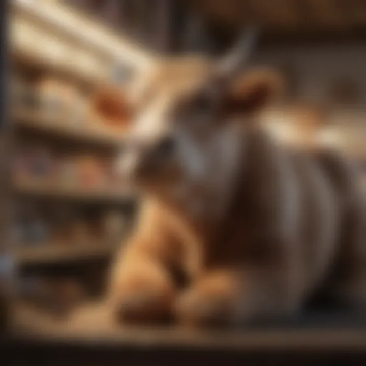 Display of collectible giant cow teddy bears on a shelf