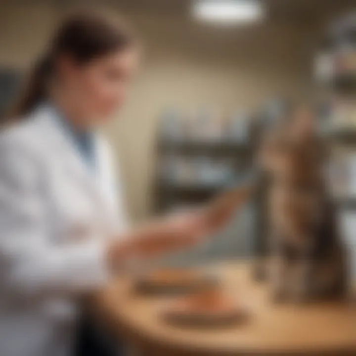 A veterinarian discussing dietary changes with a cat owner in a consulting room.