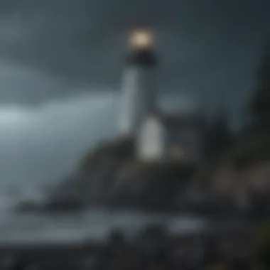 An ominous view of a haunted lighthouse on a stormy night