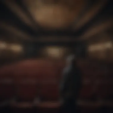 Eerie Ambiance of an Abandoned Theater A shadowy figure appearing in a dimly lit old theater